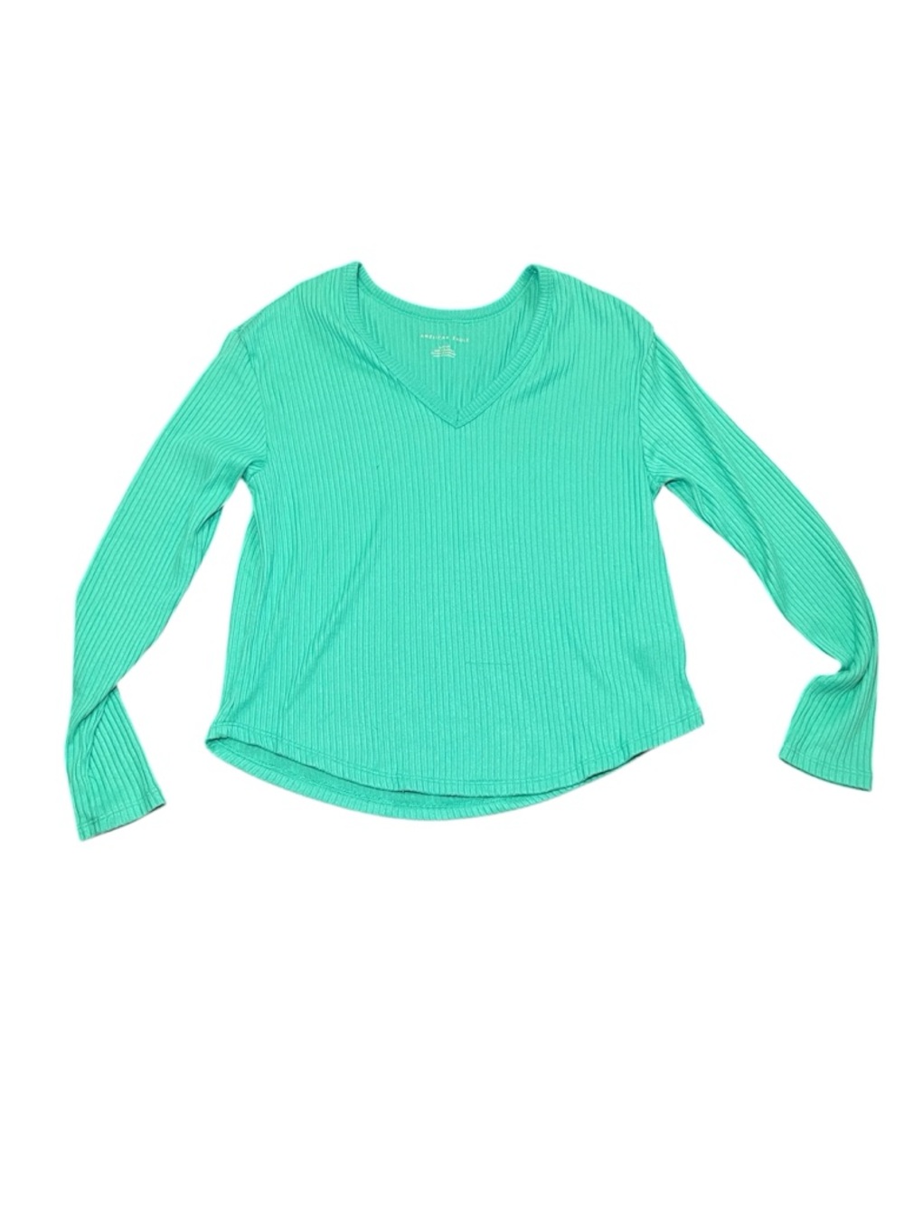 American Eagle V-Neck Plush Long Sleeve Ribbed Top Caribbean Green Size Small - Picture 2 of 12